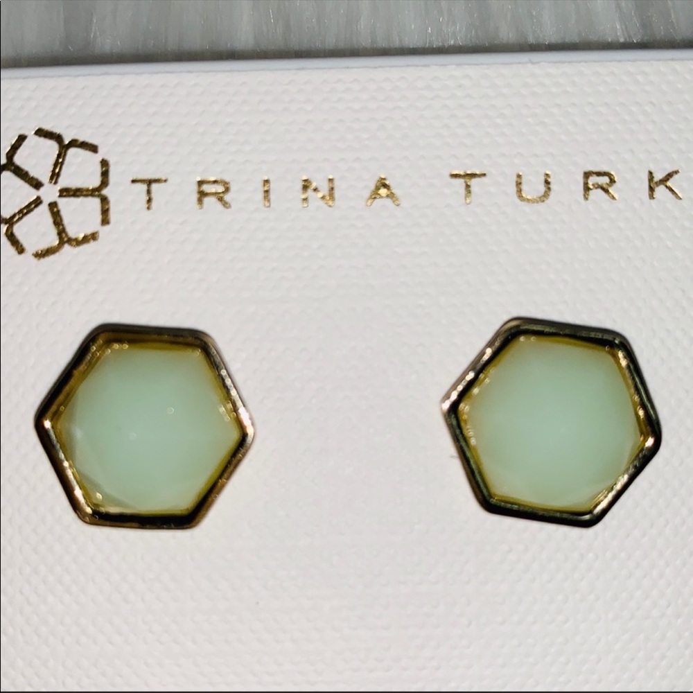 New Trina Turk Jade And Gold Hexagon Earrings - Picture 2 of 8